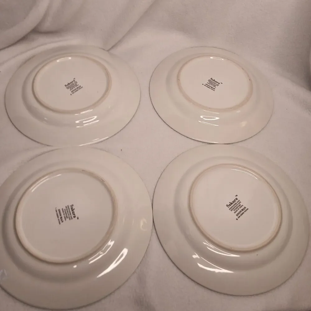 4 Salad Plates Sakura Debbie Mumm 4 Designs Snowman Vintage Stoneware 1997